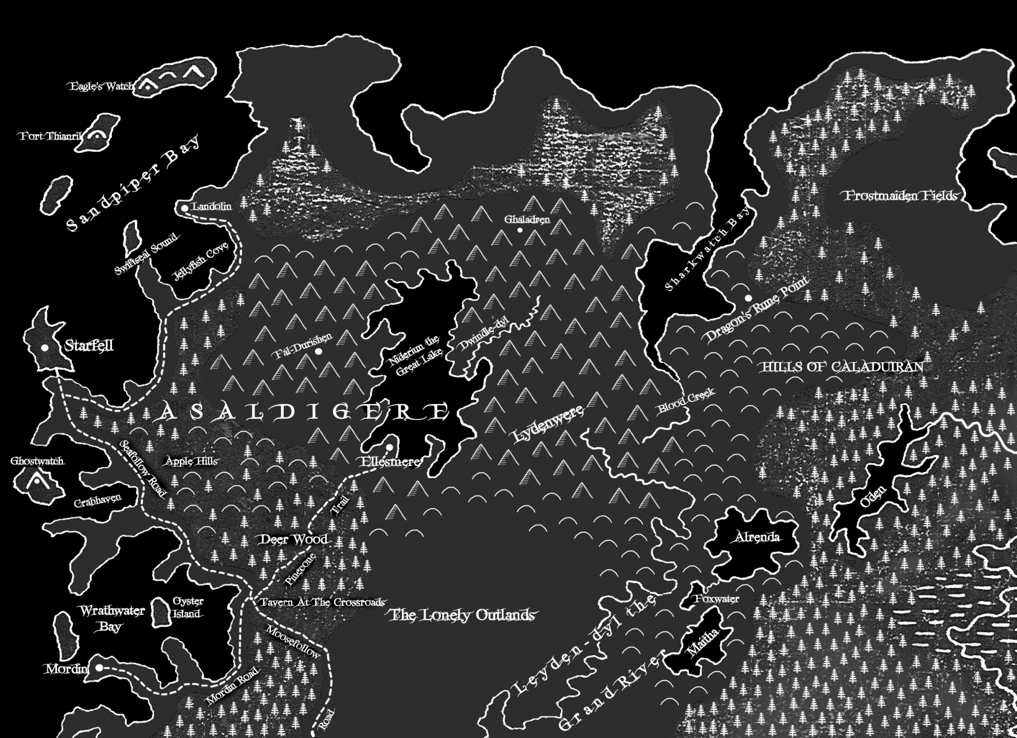 Map showing Asaldigere, Starfell, Mordin and surrounding places