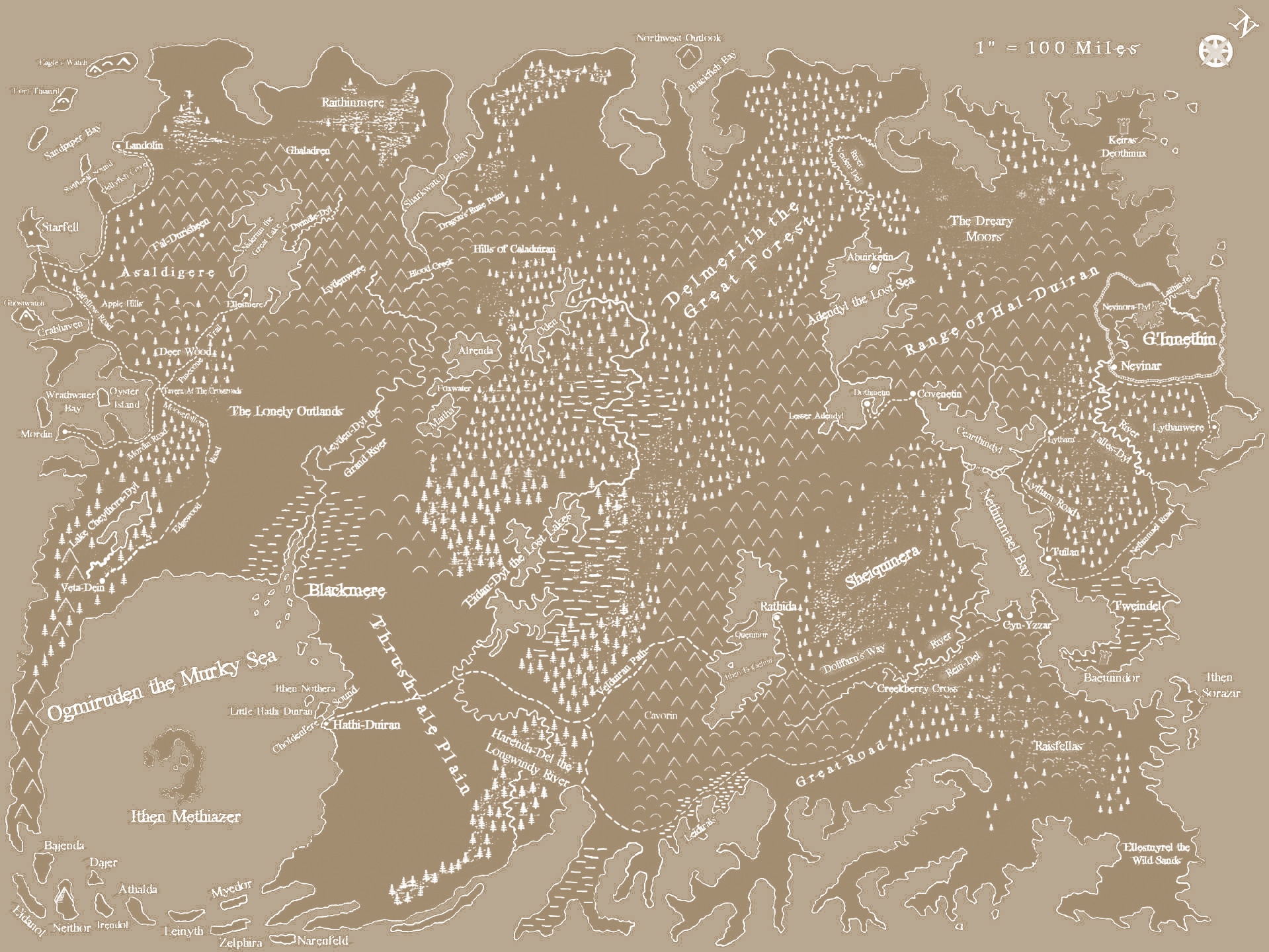 Map of Eriuntera showing named regions, forests, mountains and seas
