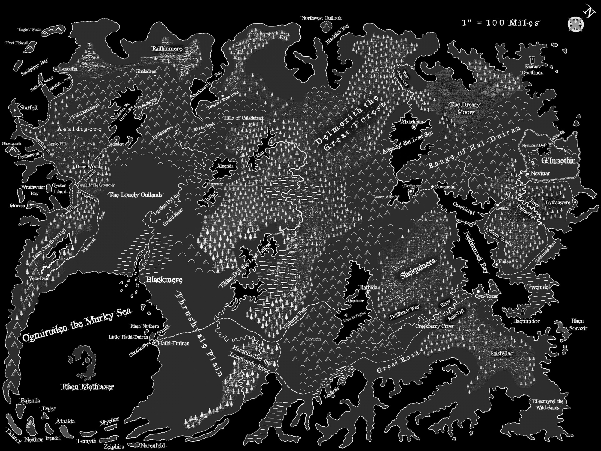 Map of all Eriuntera, including G'Innethin, Asaldigere, Sheiquinera and the Ogmiruden Sea