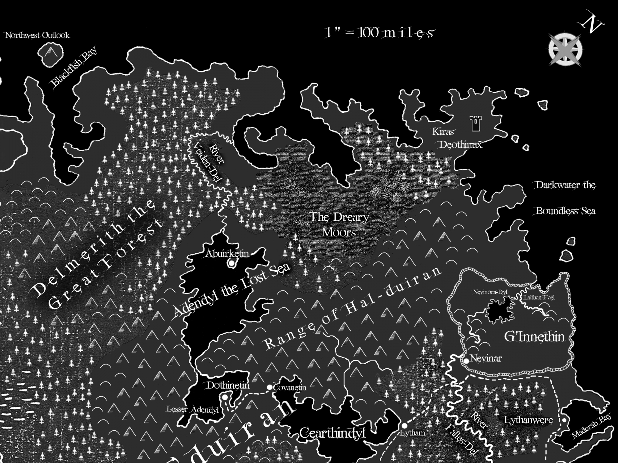 Map showing G'Innethin, Nevinar, the Lost Sea and surrounding places