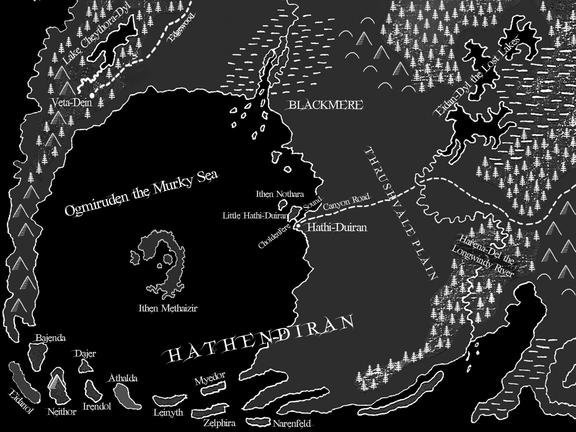 Map showing the Ogmiruden Sea, Hathi-Duiran, Hathendiran and surrounding places
